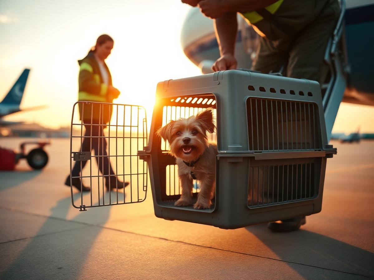 Cachorro em caixa de transporte IATA sendo embarcado no pátio do aeroporto