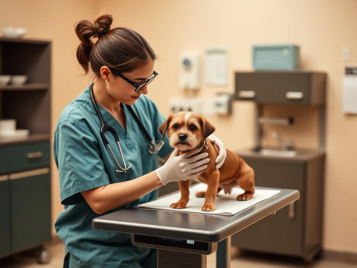 Veterinária examinando um cachorro pequeno antes da viagem internacional